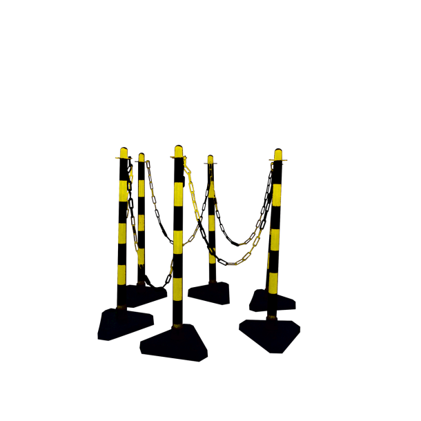 Set of chain posts | 6 posts, yellow/black | 10 m plastic chain | 10 connectives | links with concrete filled triangular plasticfoot, side length 300 mmyellow/black